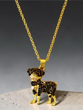 Gold Rottweiler Dog Pendant Necklace with Black Crystal Accents handmade